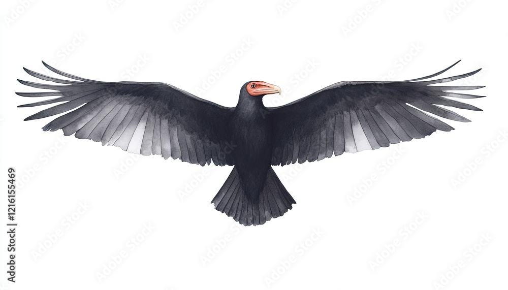 Fototapeta premium Majestic black bird with outstretched wings soaring against a white background, showcasing its beauty
