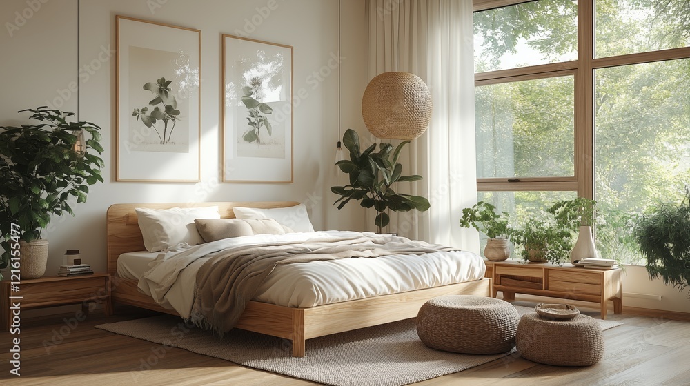 Fototapeta premium A bedroom with a wooden bed, a white bedspread, and a white curtain. The room has a natural and calming atmosphere, with a few potted plants and a vase on the nightstand