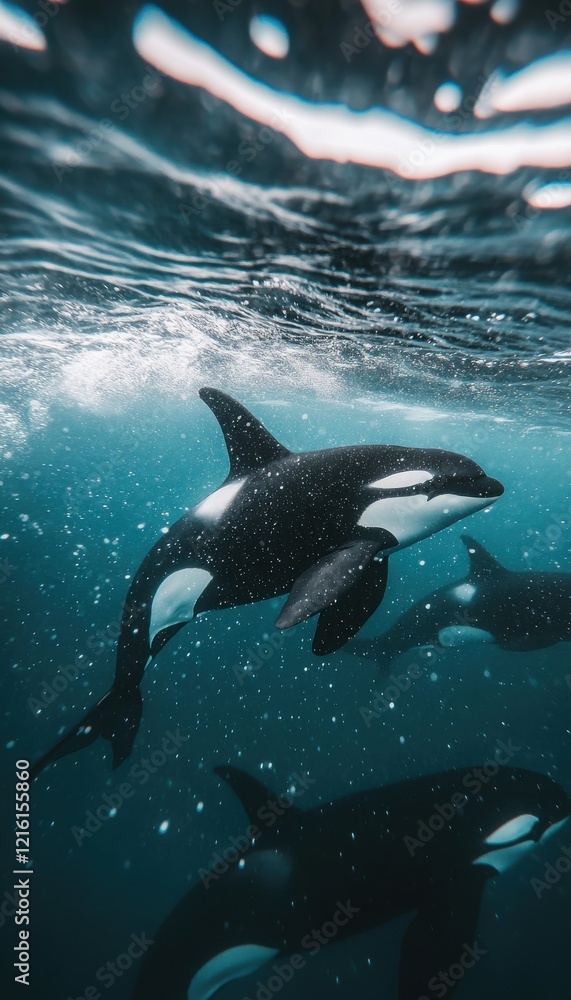Fototapeta premium Orcas swimming gracefully underwater, a mesmerizing view of these magnificent creatures in their natural habitat.
