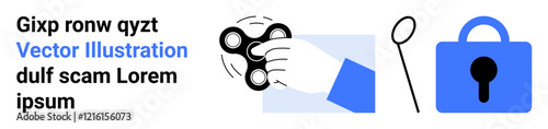 Fidget spinner in hand, magnifying glass, and blue padlock with keyhole. Ideal for tech security, relaxation, examination, protection, focus, privacy topics. Banner for landing page