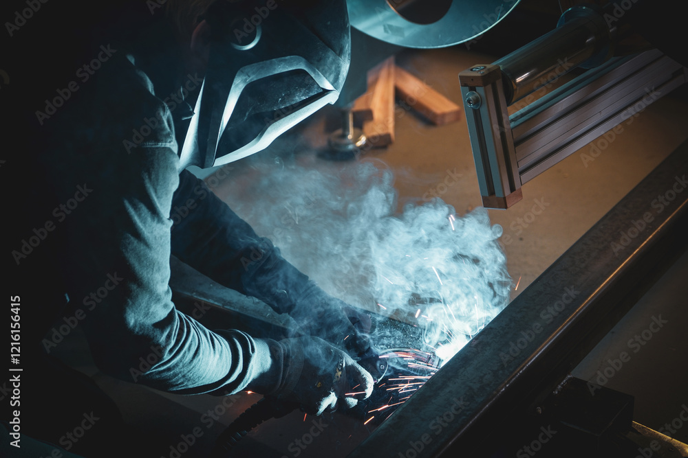 a person wearing a welding mask works on metal with a welding torch, creating sparks through the welding process