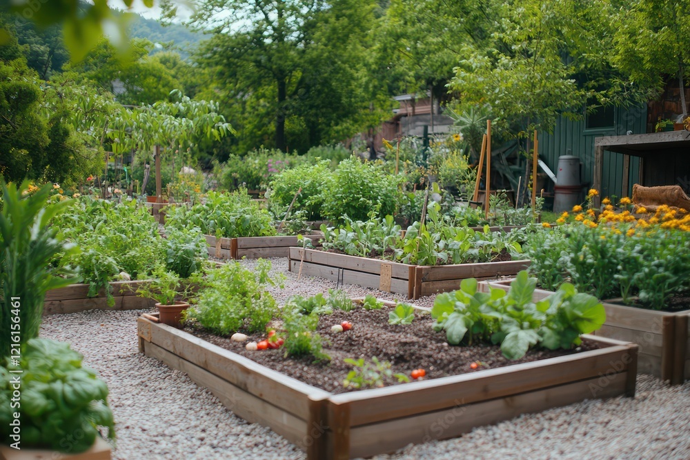 Communal garden with various plants and tools showcasing collaborative gardening Communal garden with various plants and tools showcasing collaborative gardening