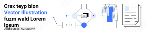 Business workflow with task list, connected online clothing store elements, and document stacks. Ideal for e-commerce, automation, organization, planning, productivity, workflow management