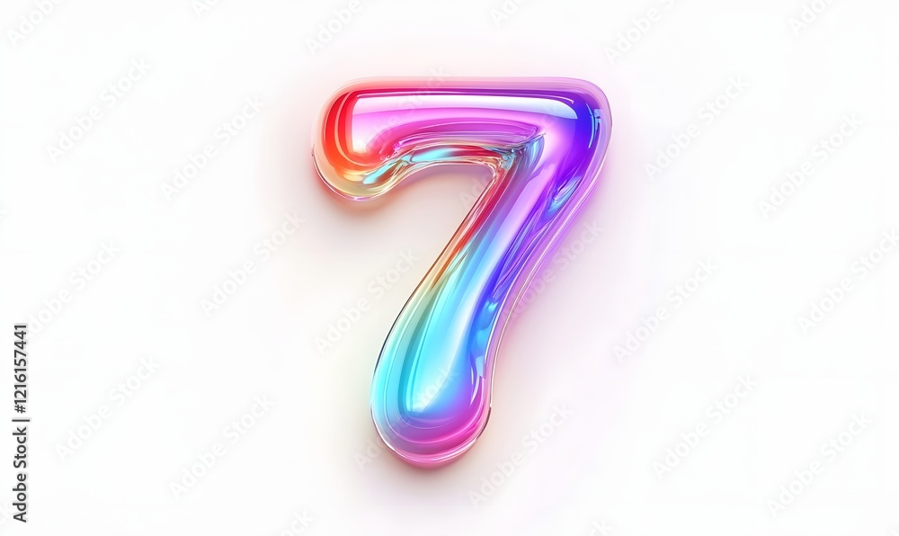 Iridescent Number Seven, 3D Render, White Background, Colorful, Design Element Iridescent Number Seven, 3D Render, White Background, Colorful, Design Element
