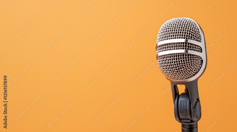 Fototapeta premium Microphone on stand against bright yellow background for audio recording or broadcasting