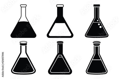 Chemistry conical flask Icon silhouette set on Black Vector with white Backgrounds