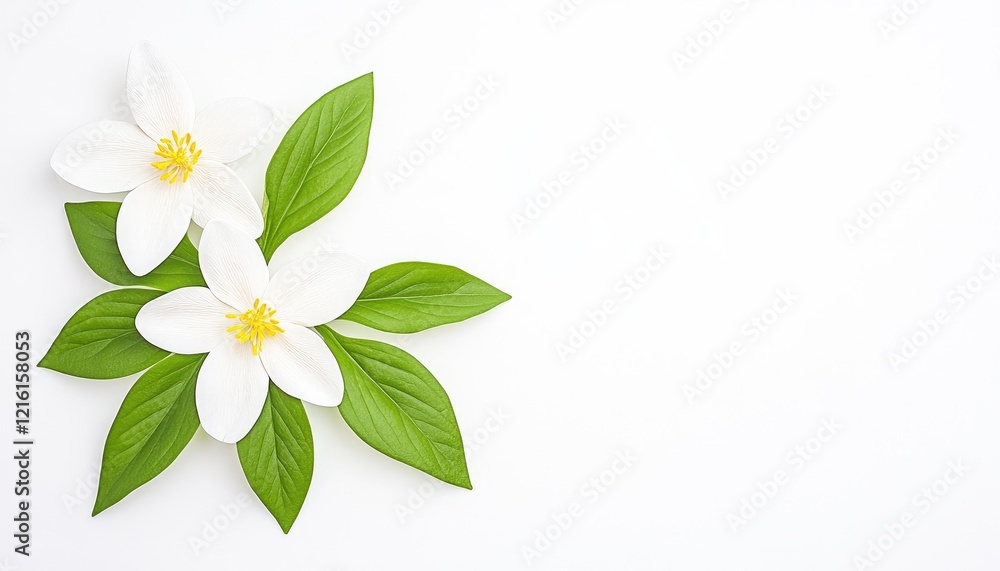 Fototapeta premium Beautiful white flowers with green leaves arranged on a clean white background for decoration