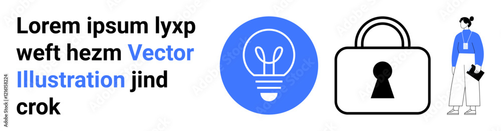 Lightbulb icon next to a large security lock and a person holding a notebook. Ideal for innovation, security, data protection, creativity, business solutions, professionalism, corporate identity Lightbulb icon next to a large security lock and a person holding a notebook. Ideal for innovation, security, data protection, creativity, business solutions, professionalism, corporate identity