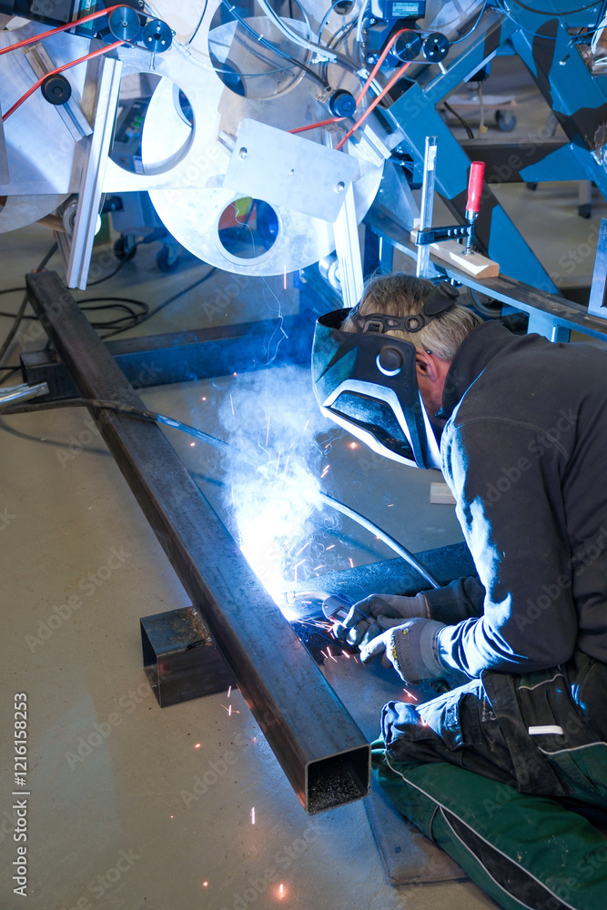 a person wearing a welding mask works on metal with a welding torch, creating sparks through the welding process