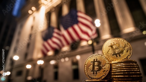 Bitcoin, cryptocurrency investment and financial growth with coins in foreground, Wall Street background, exploring digital assets and market trends in finance. photo