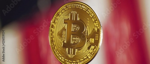 Bitcoin cryptocurrency coin with American flag background representing digital finance, investment trends, blockchain technology, and global economy discussions. photo