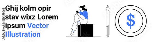 Woman sitting on cube reading phone, fountain pen, dollar sign coin. Ideal for financial services, technology, digital content, education, e-commerce mobile apps business strategies. Landing page