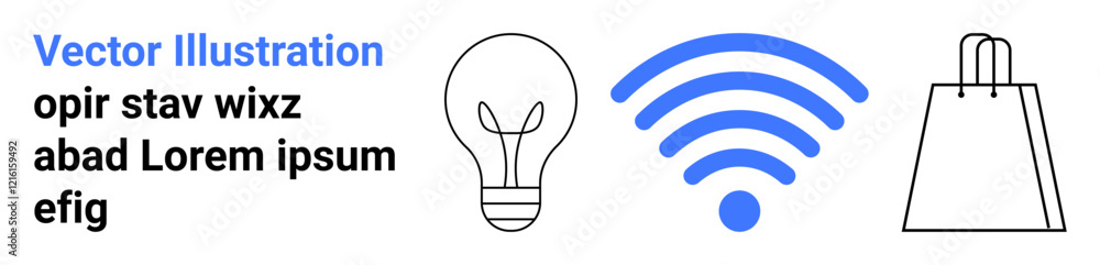 Lightbulb, wireless signal, and shopping bag icons with placeholder text. Ideal for technology, retail, online shopping, innovation, connectivity e-commerce and marketing. Landing page Lightbulb, wireless signal, and shopping bag icons with placeholder text. Ideal for technology, retail, online shopping, innovation, connectivity e-commerce and marketing. Landing page