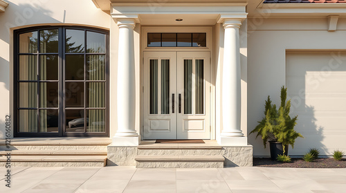 Elegant Home Exterior with Classic Columns and Modern Design.  Luxury Real Estate  Residential Property  Architectural Details  and Landscaping.