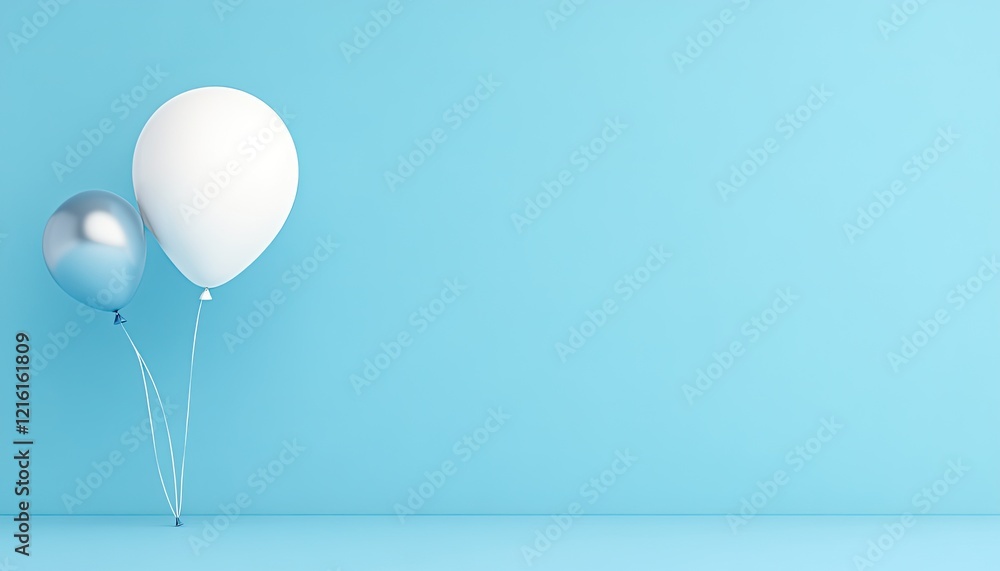 Two balloons, one silver and one white, against a light blue background, ideal for celebrations Two balloons, one silver and one white, against a light blue background, ideal for celebrations