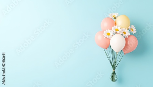 Wallpaper Mural Colorful balloons and daisies arranged together against a light blue background, creating a festive atmosphere Torontodigital.ca