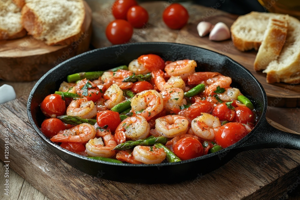 Sizzling Shrimp, Asparagus, Tomato skillet; rustic kitchen Sizzling Shrimp, Asparagus, Tomato skillet; rustic kitchen