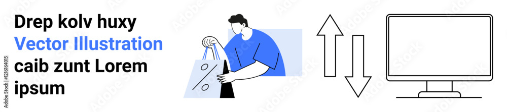 Man with shopping bags in casual attire, alongside a computer monitor with up and down arrows reflecting multitasking. Ideal for e-commerce, technology, lifestyle, shopping, multitasking, efficiency Man with shopping bags in casual attire, alongside a computer monitor with up and down arrows reflecting multitasking. Ideal for e-commerce, technology, lifestyle, shopping, multitasking, efficiency