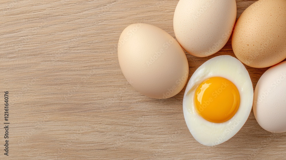 Group of fresh eggs arranged on a rustic wooden surface for culinary use in cooking and baking Group of fresh eggs arranged on a rustic wooden surface for culinary use in cooking and baking