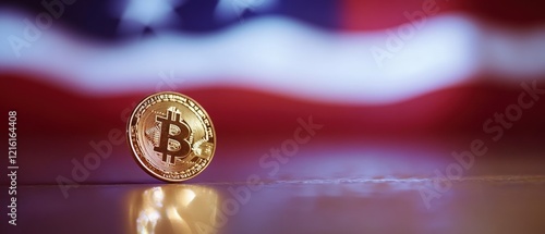 Bitcoin coin on wooden surface with American flag blurred in background, symbolizing cryptocurrency investment, financial technology, and blockchain innovation. photo