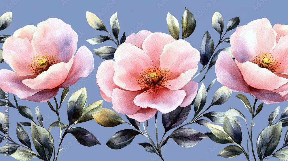 Obraz premium Watercolor Pink Roses: Elegant Floral Painting, Botanical Art, Soft Pastel Hues, Romantic Spring Flowers, Nature Beauty