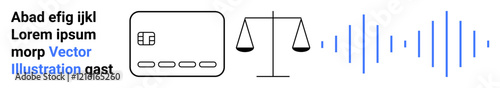 Digital card interface with sample text, visual scales representing justice and balance, and sound wave patterns. Ideal for technology, justice, balance, data representation, financial tech, digital photo