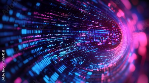 Abstract data tunnel visualization with binary code and neon light effect
