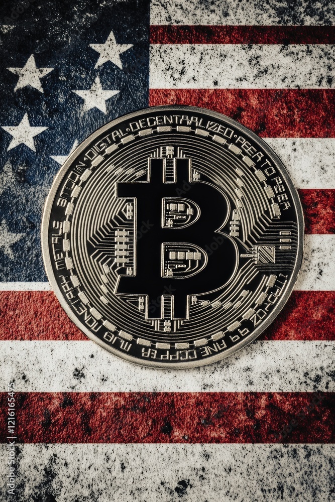Bitcoin coin on distressed American flag background symbolizing cryptocurrency in the U.S. financial market, investment trends, and digital currency growth potential. Bitcoin coin on distressed American flag background symbolizing cryptocurrency in the U.S. financial market, investment trends, and digital currency growth potential.
