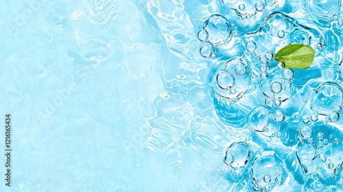 A single green leaf floating on the surface of a calm pool of water under natural light