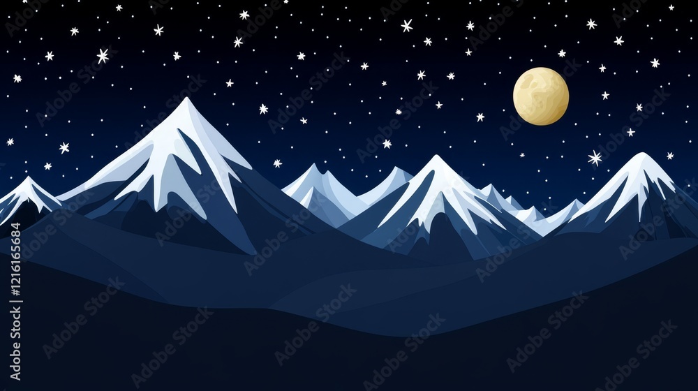 Fototapeta premium Pixel Art Night Scene of Snowy Mountains Under a Full Moon