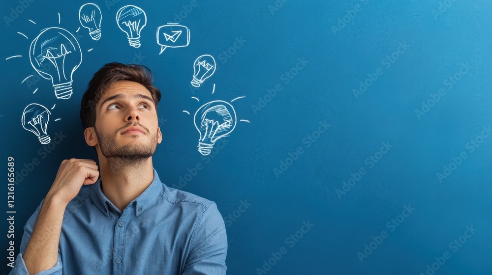 Young Entrepreneur Engaging in Creative Brainstorming with Glowing Ideas Above His Head Young Entrepreneur Engaging in Creative Brainstorming with Glowing Ideas Above His Head