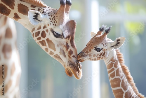 Tender moment between giraffe mother and calf illuminated by soft natural light.