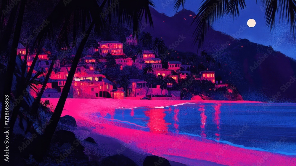 Fototapeta premium Nocturnal Coastal Village Illuminated by Pink and Blue Hues Under a Full Moon