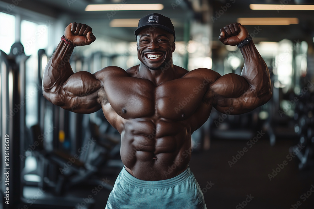 man with a black hat and a muscular body is posing for a picture. He is smiling and flexing his muscles, giving off a confident and strong vibe. The image captures the essence of physical fitness man with a black hat and a muscular body is posing for a picture. He is smiling and flexing his muscles, giving off a confident and strong vibe. The image captures the essence of physical fitness