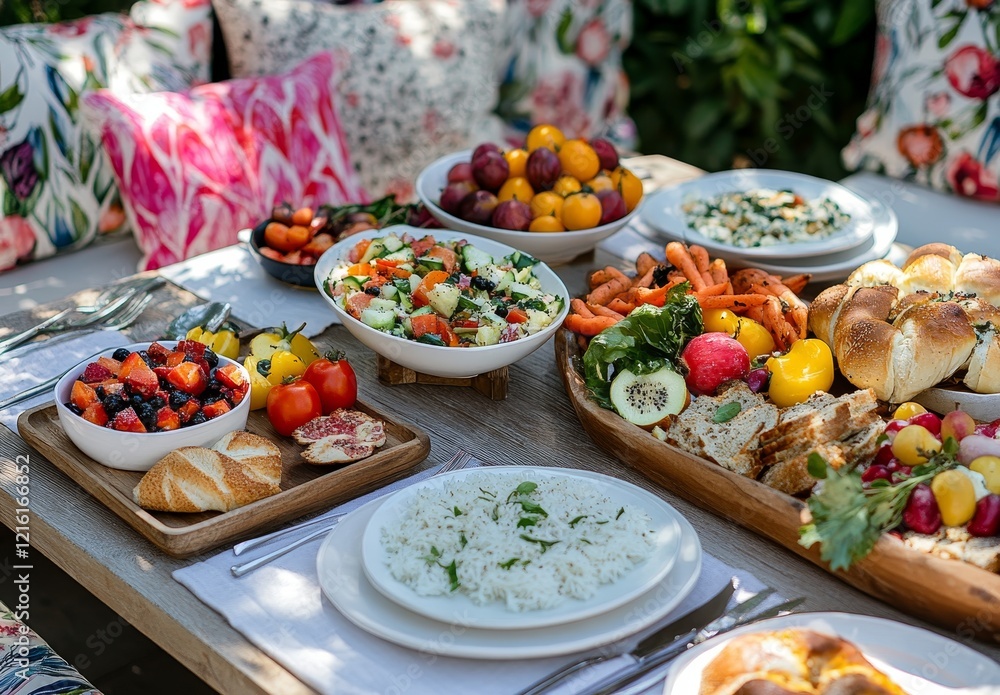 Bountiful outdoor meal with salads, fruit, vegetables, bread, and rice. Bountiful outdoor meal with salads, fruit, vegetables, bread, and rice.