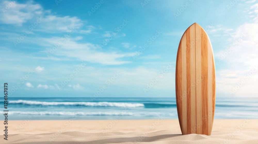 A wooden surfboard stands upright on a sandy beach with gentle waves and a clear blue sky in the background, embodying a serene coastal vibe. A wooden surfboard stands upright on a sandy beach with gentle waves and a clear blue sky in the background, embodying a serene coastal vibe.