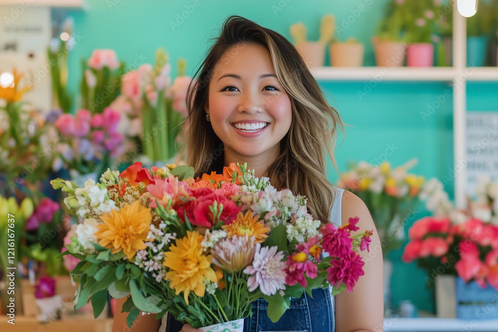 woman is holding a bouquet of flowers in a flower shop. She is smiling and she is happy woman is holding a bouquet of flowers in a flower shop. She is smiling and she is happy