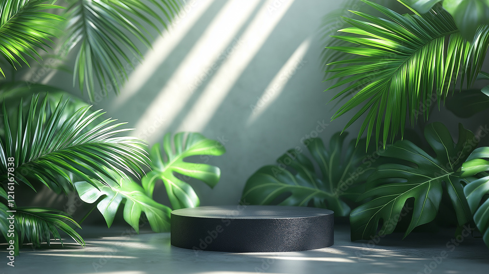 Fototapeta premium A product display image, showing a black circular pedestal surrounded by green plants and white walls. 