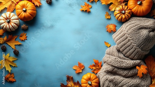 An autumn themed flat lay featuring a cozy brown sweater, a stylish hat, miniature pumpkins and colorful fall leaves on a blue background evoking warmth and seasonal charm photo