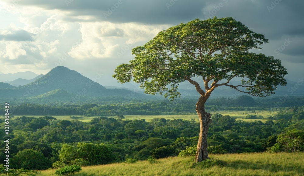 Fototapeta premium Lone tree on grassy hilltop overlooking lush green valley and distant mountains under a cloudy sky.