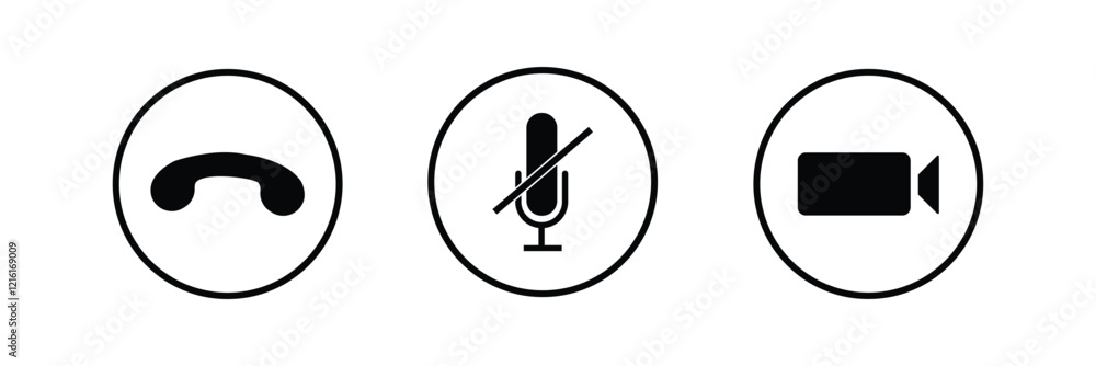 Virtual hangouts icons for conference call. On and off video, sound, camera and call icons isolated on white background. Flat vector illustration Virtual hangouts icons for conference call. On and off video, sound, camera and call icons isolated on white background. Flat vector illustration