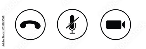 Virtual hangouts icons for conference call. On and off video, sound, camera and call icons isolated on white background. Flat vector illustration 