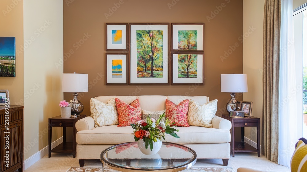A sophisticated space with Mocha Mousse walls, a plush cream sofa, and a round glass coffee table. A sophisticated space with Mocha Mousse walls, a plush cream sofa, and a round glass coffee table.