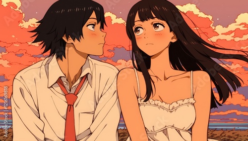 Anime Couple Gazing at Sunset Sky Romantic Scene photo