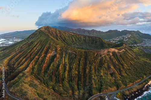 Aerial view of Koko crater at sunset, Oahu island, Hawaii photo