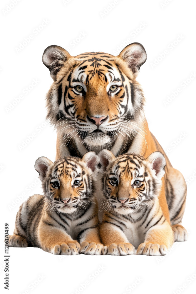 Obraz premium A family of tigers, isolate on white background, showcasing togetherness and bond. cutout png