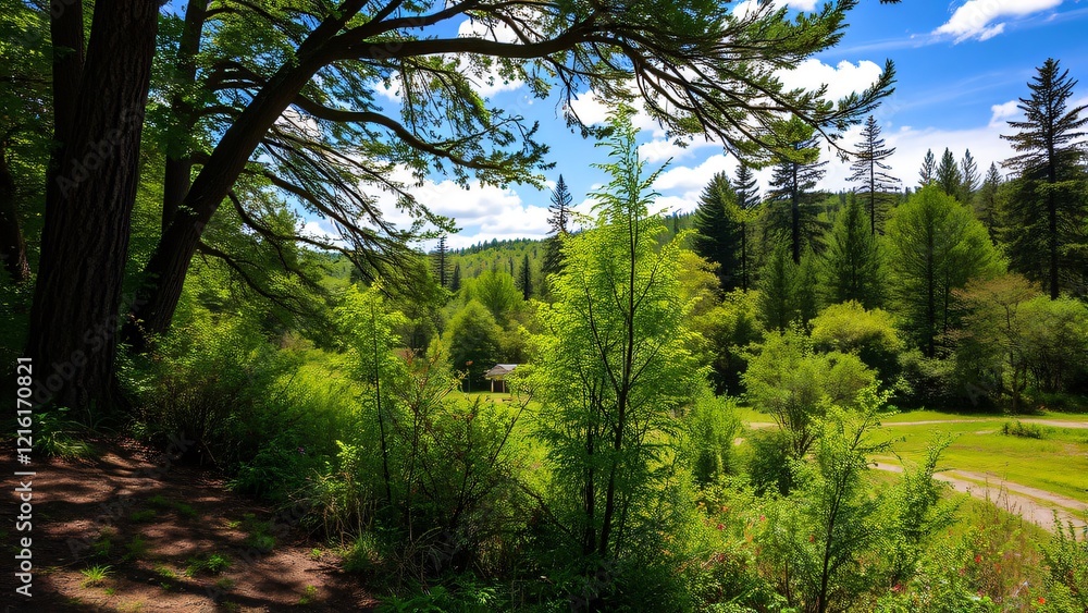 Serene Summer Forest Landscape with Lush Greenery and Sunlight Serene Summer Forest Landscape with Lush Greenery and Sunlight