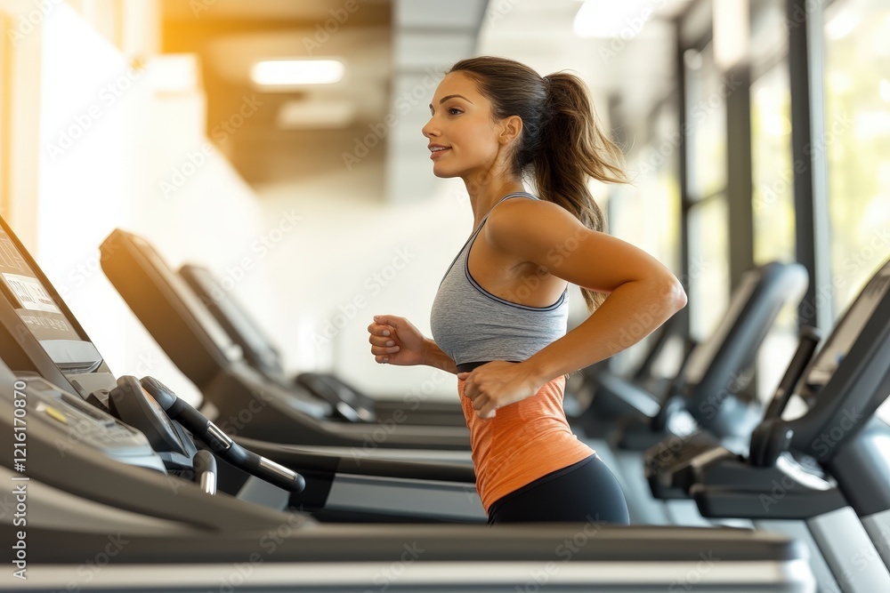 Energetic Woman Running on Treadmill in Bright Gym Environment Energetic Woman Running on Treadmill in Bright Gym Environment