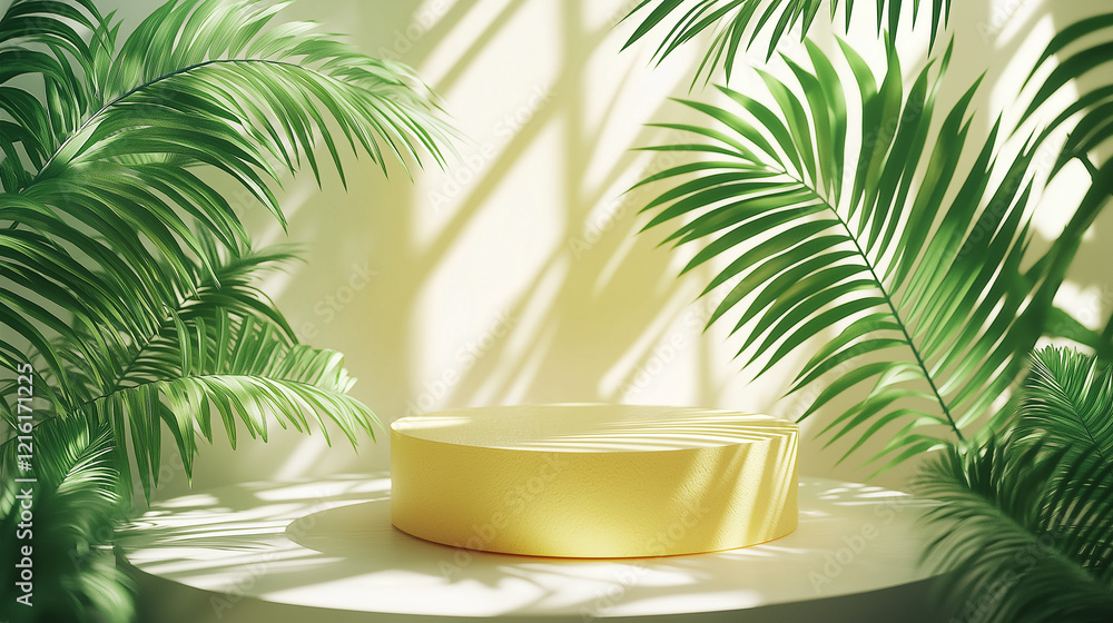 A product showcase with a yellow pedestal is surrounded by lush green palm fronds with a hot, bright light. A product showcase with a yellow pedestal is surrounded by lush green palm fronds with a hot, bright light.
