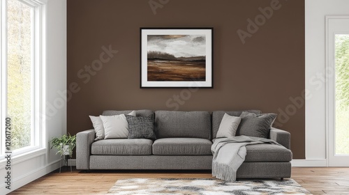 A stylish interior featuring Mocha Mousse walls, a gray sectional, and an abstract rug.